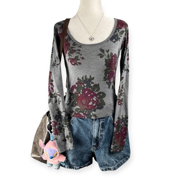 American Eagle Women’s Small Gray Floral Long Sleeve Top Y2K Stretch Cropped - Picture 1 of 7